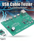3 In 1 Cable Tester Module with Type C, Mini USB, and Micro USB ports, PCB material, on electronic circuit background