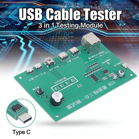 3 In 1 Cable Tester Module with Type C, Mini USB, and Micro USB ports, PCB material, on electronic circuit background