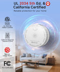 Smart Carbon Monoxide Detector With Matter Thread Real Time Alerts UL 2034 5th Edition Certified shown in living room.