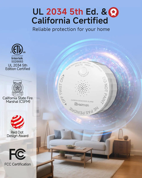 Smart Carbon Monoxide Detector With Matter Thread Real Time Alerts UL 2034 5th Edition Certified shown in living room.