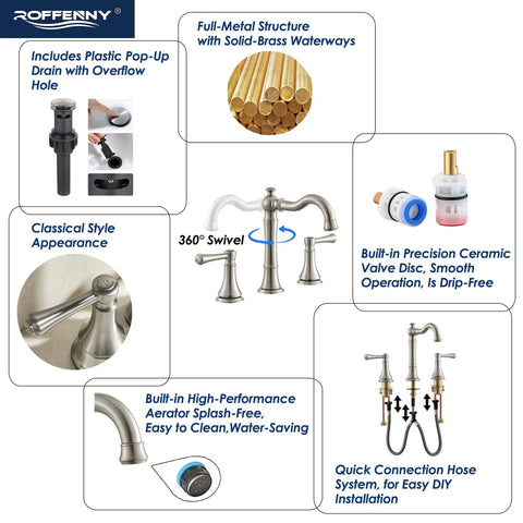 Brushed Nickel 2-Handle Bathroom Faucet 8 Inch Widespread for 3 Holes With Plastic Pop Up Drain Classic Vanity Sink Faucet High Arc 360 Degree Swivel Brass Spout Lead Free Ceramic Disc 1.2 GPM Water Saving Easy Install