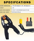 K Type Pipe Clamp Thermometer for HVAC and Multimeters, Wide Range -40 to 392 F, shown with flexible lead and specifications.