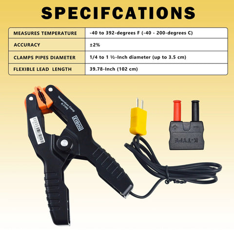 K Type Pipe Clamp Thermometer for HVAC and Multimeters, Wide Range -40 to 392 F, shown with flexible lead and specifications.