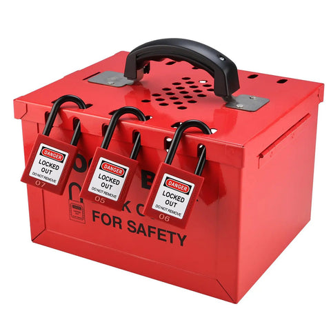 Heavy Duty Lockout Tagout Box for Group Lockout, 12 Padlock Capacity, Industrial Grade Steel, Red Portable LOTO Lock Box with Front Door Security