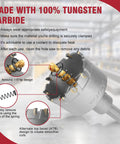 Heavy Duty Carbide Hole Saw 1-3/4 Inch With Titanium Center Bit showing 115° tip design and spring for quick debris removal.