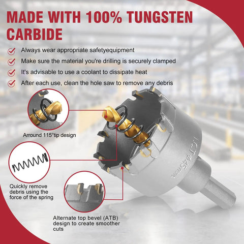 Heavy Duty Carbide Hole Saw 1-3/4 Inch With Titanium Center Bit showing 115° tip design and spring for quick debris removal.