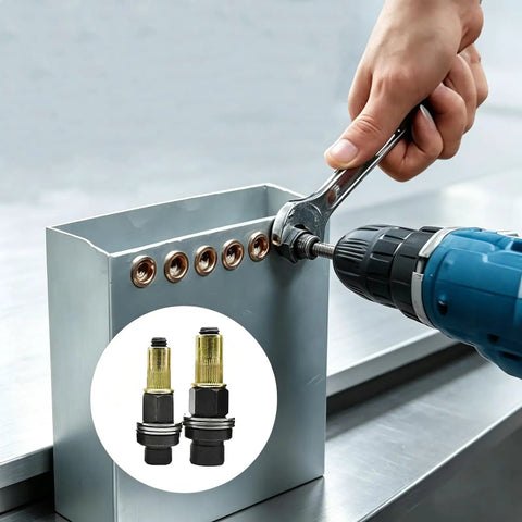 Heavy Duty Head Rivet Nut Tool Kit With Six Different Plier Sizes And Sixty Press-in Nuts For Fastening Auto Panels, Metal Brackets, And DIY Projects That Actually Hold Up And Look Clean used on metal sheet with drill