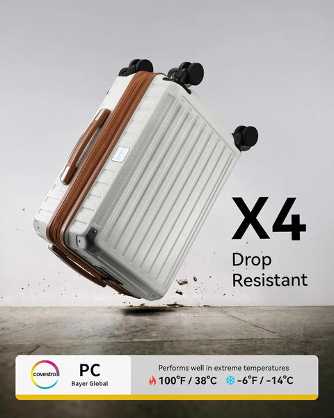 Expandable Carry On Luggage 22x14x9 Inches With Spinner Wheels 20 Inch Hard Shell Suitcase in white brown, drop resistant