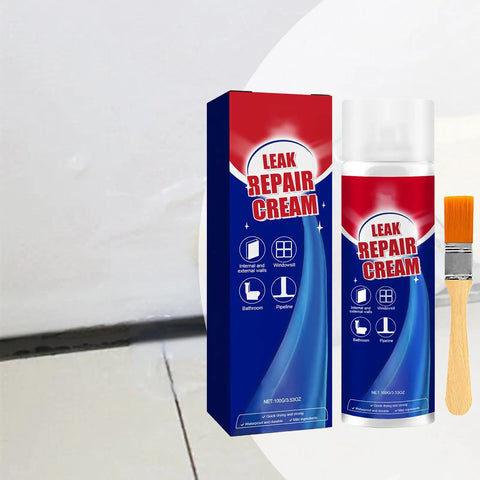 Leak Repair Cream tube with brush on white surface, suitable for bathroom, window, pipeline repairs.