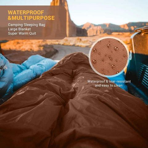 Two Person Queen Size XXL Flannel Sleeping Bag With Cotton Liner And Two Pillows, waterproof feature detail in landscape