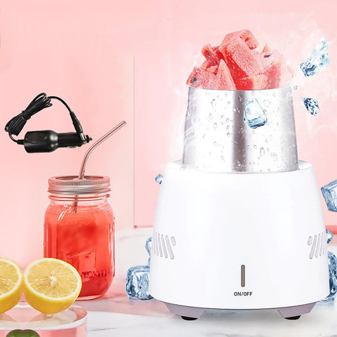 Lightning Quick Electric Cup Cooler Packing Semiconductor Cooling And Smart Touch Interface, with ice cubes and fresh lemonade.