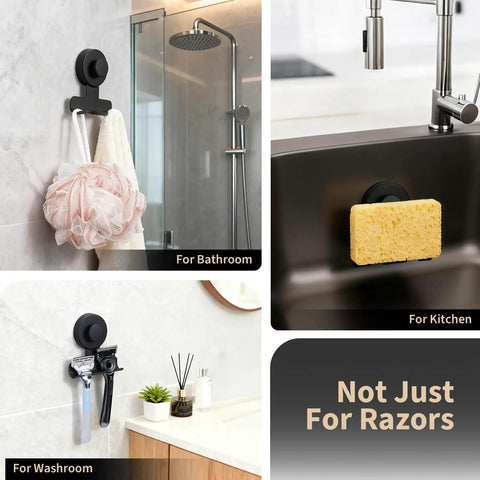 Matte Black Shower Razor Holder With Heavy Duty Suction Cup Stainless Steel Reusable Hook in use for bathroom and kitchen