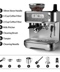 Killer Espresso Machine With Built In Grinder And LCD Display 15 Bar Professional Coffee Maker showing accessories and features.