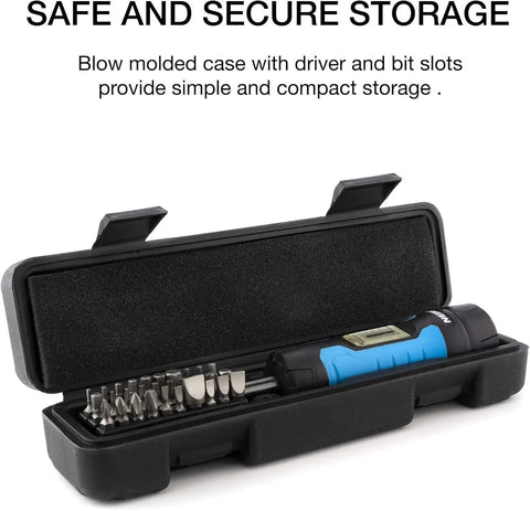 10574A 1/4 Inch Drive Torque Wrench And Screwdriver Set With 30 S2 Steel Bits in open protective hard case