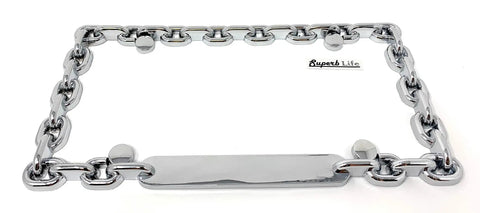 Chrome Mega Metal Round Chain Link License Plate Frame with screws caps, 6x12 inch size, shown from front angle