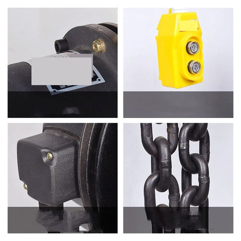 Serious Workhorse 3 Ton Electric Chain Hoist Featuring Manganese Steel Dual Row Chain with controls, motor, and heavy-duty links.