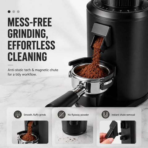 Badass 80mm Flat Burr Electric Coffee Bean Grinder With Straight Up Stepless Control And Rapid Brushless Motor For Seamless Daily Espresso Pulls And Relaxed Weekend Sips Black pouring fresh coffee grounds into a portafilter.
