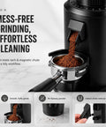 Single Dose Coffee Grinder With 80MM Flat Burrs And Variable Speed Control For Smooth As Silk Pulls Plus 550W Brushless Motor With Adjustable Dial For Real Deal Espresso Perfection In A Heavy Duty Black Body That Gets It Done Right showing magnetic chute dispensing ground coffee.