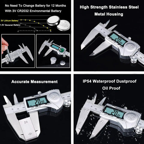 Digital Caliper 8 Inch Stainless Steel Tool Built To Last With IP54 Splash Proof Protection Large LCD Accurate Measurement