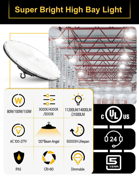 UFO LED High Bay Light With Adjustable Wattage 80W 100W 150W, 3000K 4000K 5000K CCT, 0-10V Dimmable, IP65, UL Listed for warehouses.