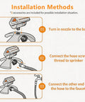 Installation guide for Mini Turbo Oscillating Garden Sprinkler with large base and 16 nozzles, showing hose attachment.