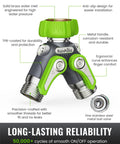 RainPoint 2-way metal garden hose splitter with green handles and dual shutoff valves, 3/4 inch GHT threads (front view)