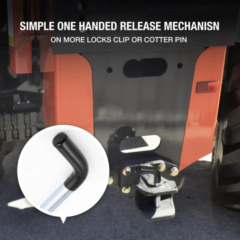 Half Inch Trailer Hitch Pin With Black Vinyl-Coated Grip And R Clip, Fits 1-1/4 Inch Receivers, demonstrating attachment.