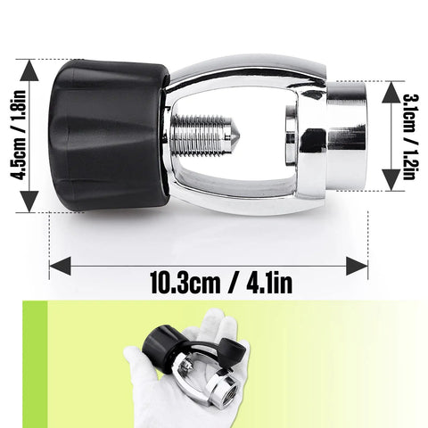 250 Bar 3500 PSI Chrome Plated Brass DIN to Yoke Regulator First Stage Adapter shown with dimensions