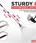 Adjustable Metal Rake with Collapsible Telescopic Handle showing alloy steel handle and rubber grip, ideal for lawn cleanup.