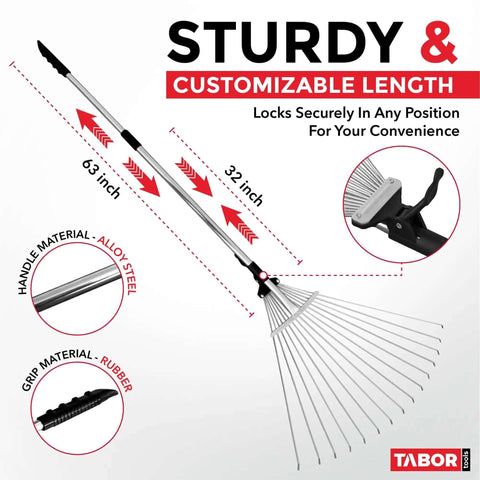 Adjustable Metal Rake with Collapsible Telescopic Handle showing alloy steel handle and rubber grip, ideal for lawn cleanup.