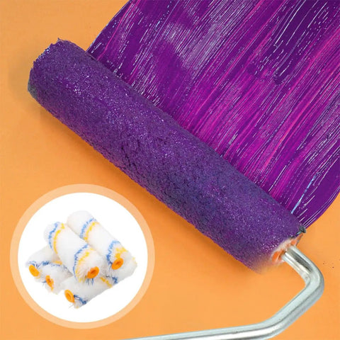 Close-up of a mini paint roller applying purple paint, featuring the 20 Pack Mini Paint Roller Kit With High Density Foam Covers.