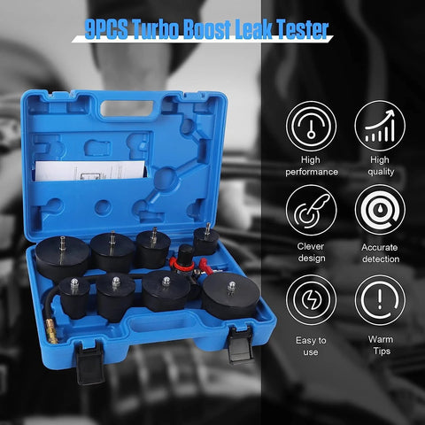 Front view of Angchun turbo boost leak tester kit in blue case with 9 black stepped adapters