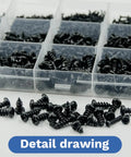 Top Shelf Self Tapping Screws Assortment Kit Featuring Premium Phillips Pan Head Hardware and Durable Black Carbon Steel Metric Screw Set for Wood Plastic Metal DIY Furniture Cabinets, close-up detail of screws.