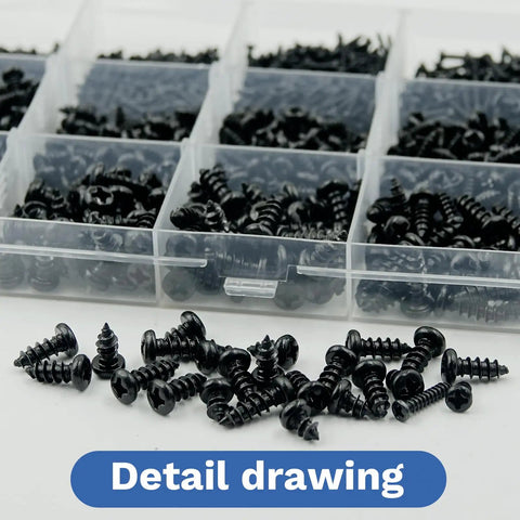 Top Shelf Self Tapping Screws Assortment Kit Featuring Premium Phillips Pan Head Hardware and Durable Black Carbon Steel Metric Screw Set for Wood Plastic Metal DIY Furniture Cabinets, close-up detail of screws.