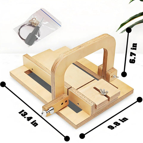 Wooden Soap Cutter Machine And Loaf Slicer Kit with adjustable steel wire and ruler guide, dimensions 13.4x9.8x6.7 inches