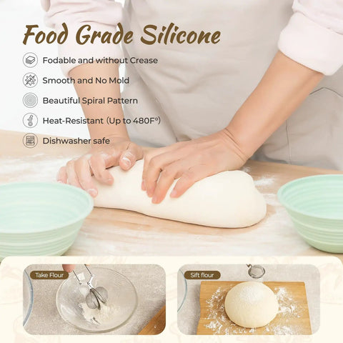 Person kneading dough with text about food-grade silicone and Complete Sourdough Starter Kit With 9-Inch Round And 10-Inch Oval Banneton Proofing Baskets Plus 7 Essential Tools For Home Bakers Lame With 5 Blade Guard Bench Scraper Whisk Silicone Spatula Pastry Brush Bread Sling And Bag.