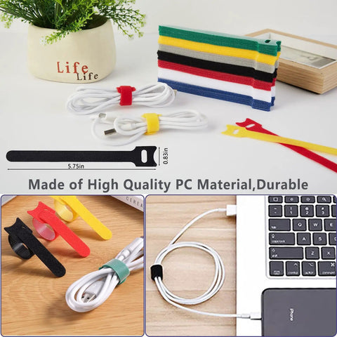 Colorful organizing straps from the Ultimate Cable Management Kit For Desk And TV Setup With 4 Cable Sleeves 35 Clips 11 Cord Holders