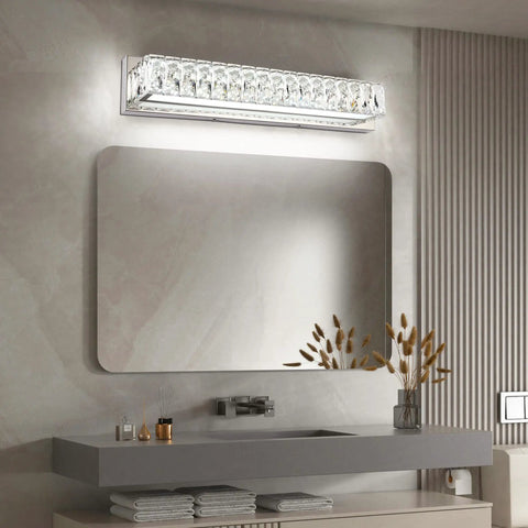 Crystal Chrome LED Vanity Light Bar For Bathroom, above mirror, dimmable and flicker-free, in modern bathroom setting