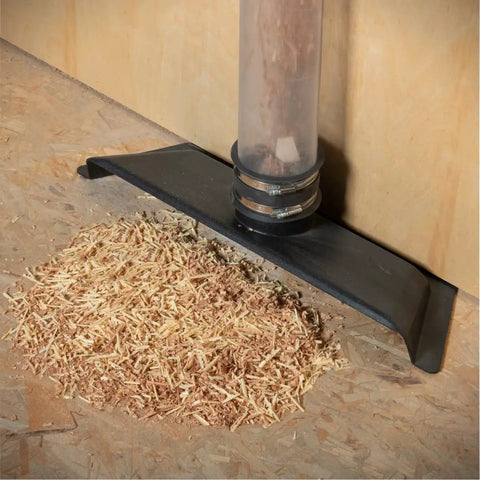 Pro Grade 21 Inch Stationary Professional Floor Sweep For Dust Collection Blast Gate Setup with sawdust on workshop floor.