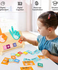 Child using the Straight Up Toddler Math Learning Kit With Solid Wooden Number Blocks, engaging with colorful flashcards.