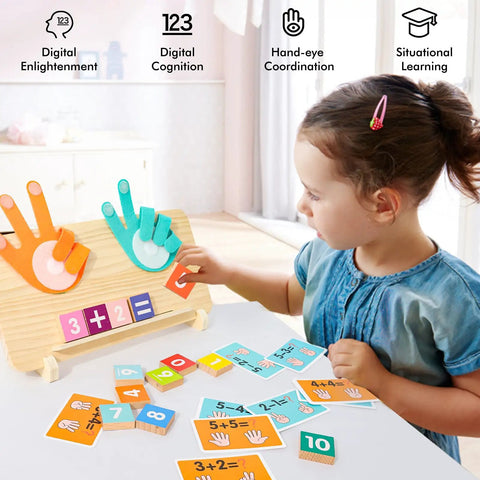 Child using the Straight Up Toddler Math Learning Kit With Solid Wooden Number Blocks, engaging with colorful flashcards.