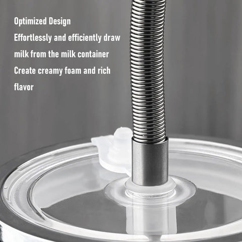 Close-up of Heavy Duty Built Tough Coffee Machine Milk Tube Replacement, Stainless Steel Coiled Hose, plugged into milk container.