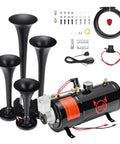 Badass 12V Four Trumpet Train Air Horn Kit With Compact Three Liter Air Tank And High Output Compressor Rig Upgrade For Pickup Trucks Suvs Rvs And Boats, featuring four black trumpets and an air tank.
