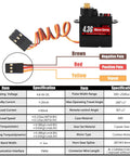 Diagram and specifications for 4.3G Micro Servo Motor With Metal Gear For RC Cars Planes and more, showing wire connections and details.