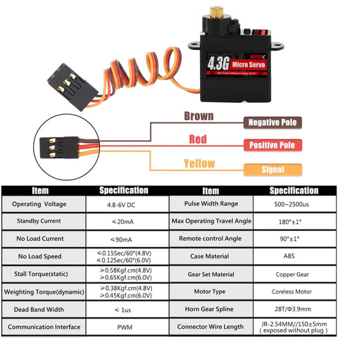 Diagram and specifications for 4.3G Micro Servo Motor With Metal Gear For RC Cars Planes and more, showing wire connections and details.