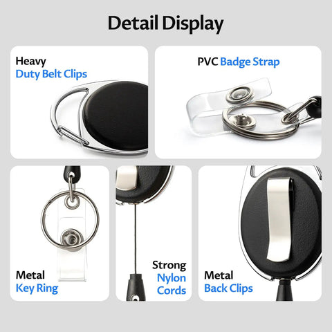 Detailed display of 20 Pack Retractable Badge Holders With Carabiner Reel Clip for ID Cards and Keys, showing components.