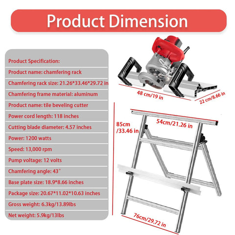 Rock Solid 1200 Watt Electric Tile Bevel Cutter With 43 Degree Angled Setup and integrated water cooling dimensions and specifications.