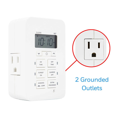Plug In Digital Timer With Two Grounded Outlets And Seven Day Programming, close-up showing control panel and outlets.