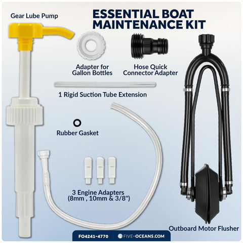 Outboard Motor Flusher And Gear Oil Pump Set With Dual Feed Rectangular Muffs, Universal Marine Maintenance Kit Components