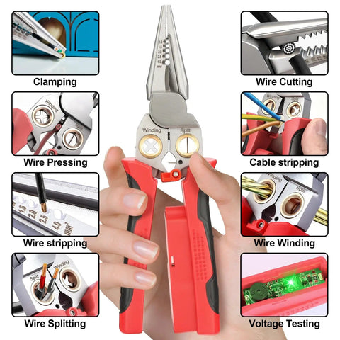 8-In-1 Wire Stripping Pliers With Voltage Tester For Live And Neutral Wires 12-250V showing functions like cutting and testing